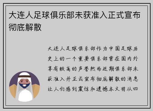 大连人足球俱乐部未获准入正式宣布彻底解散